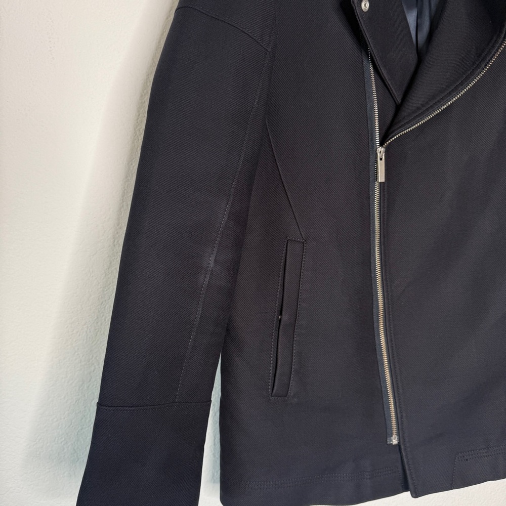 Reiss Jacket Moto Navy Asymmetrical Zip Silver Hardware Lined Collar Wear XL - Picture 4 of 10